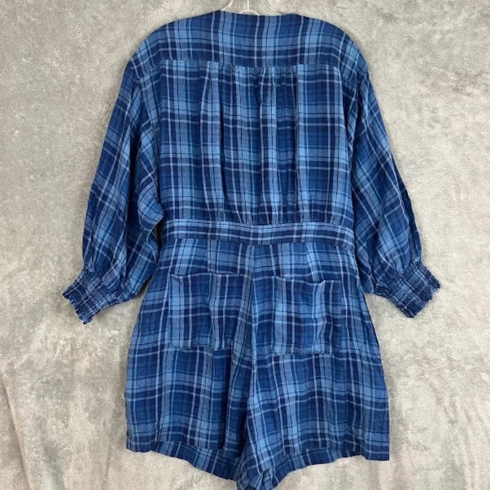Ralph Lauren Black Label Romper Womens 14 Plaid 100% Linen Boho Cottagecore Boho